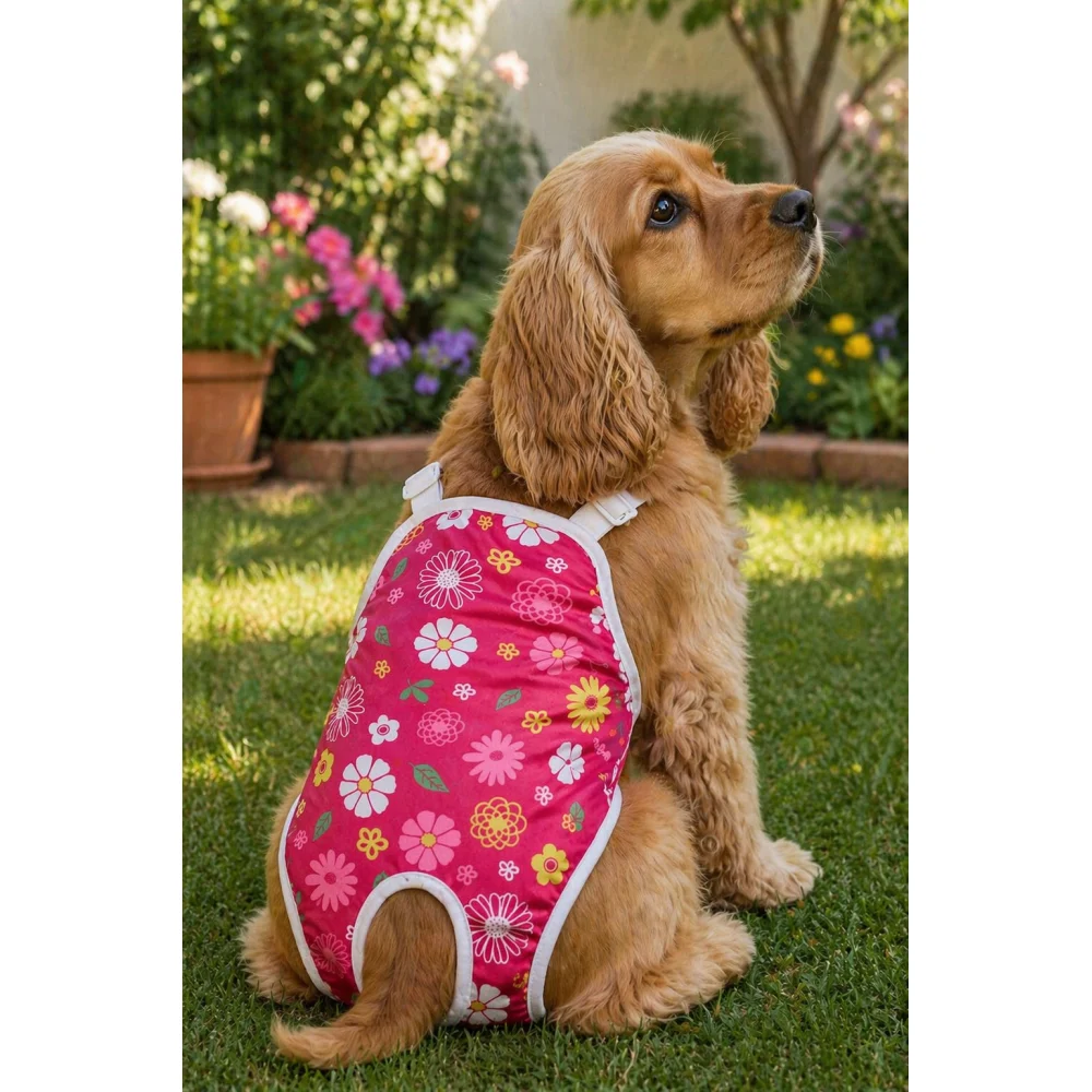 pañal reutilizable rosa Set de 2 Pañales Reutilizables para Perra con Tirantes Ajustables Floral Talla Pequeña - Imagen 1